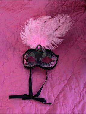 Pink Feather Masquerade Mask with Black Lace Trim